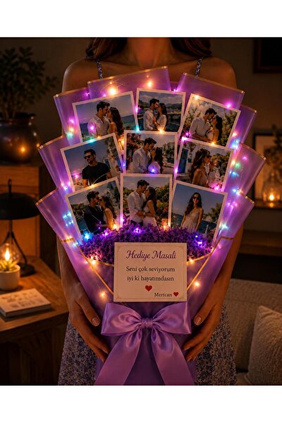 Peri Led ışıklı Mor Renk Anı Fotoğraf Buketi