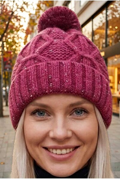 Mood Agenda Women's Pompom Hair Braided Metallic Thread Knitwear Winter Beanie