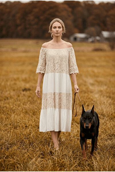Defne Silver Italian Lace Paneled Off-Shoulder Midi Dress