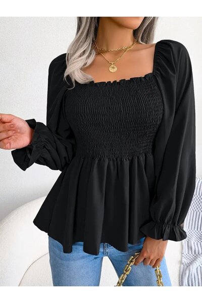 MYSSHOES Women's Long Sleeve Geometric Neckline Gipe Detailed Crepe Blouse