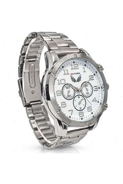 ULYSSES Ceas Bărbătesc Ulysses, Cadran Alb, Brățară Metalică Argintie, Design Cronograf, Analog Quartz, Elegant Casual