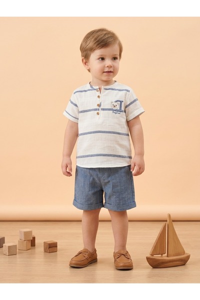 Top Kids Summer Boys' Handsome Two-Piece Set Baby Striped Button T-Shirt+Ligh...
