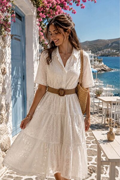 Defne Silver Italian White Scallop Midi Dress