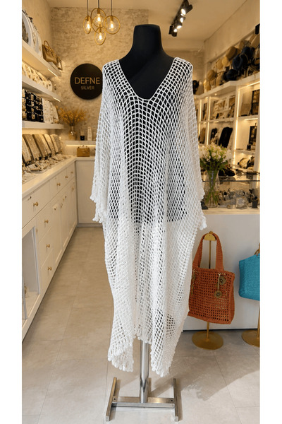 Defne Silver Hand Knitted White Beach Dress