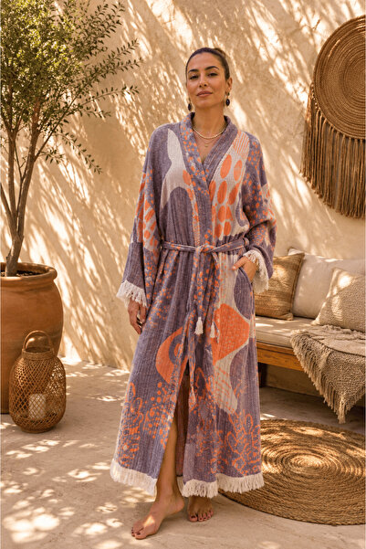 Defne Silver Muslin Cotton Kimono Bathrobe & Kaftan