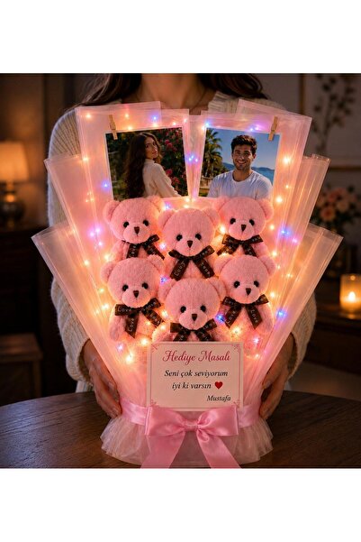 Led Işıklı 6 Lı Ayıcık Buketi Kişiye Özel Fotoğraf Hediyeli