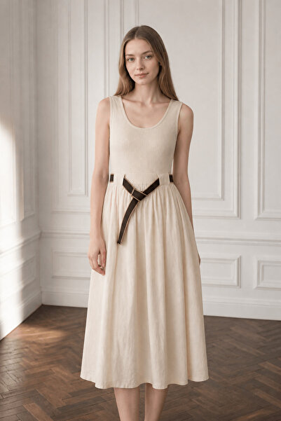 Defne Silver Standard Size Beige Midi Dress with Combination Fabric and Contr...