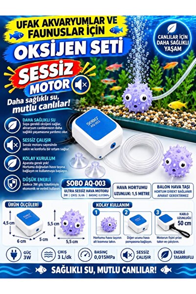 Sobo 🐠 MİNİ AKVARYUMLAR VE FAUNUSLAR İÇİN OKSİJEN SETİ 🐠(Sobo AQ-003 sessiz...