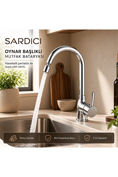 Sardıcı Akış Oynar Başlıklı Mutfak Bataryası 40 cm 304 Flex Hortumlu Pirinç G...