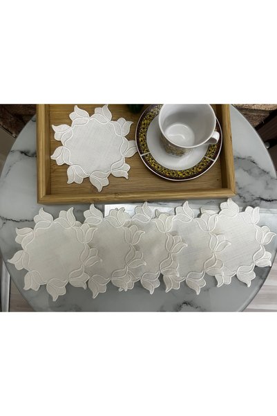 MİNOZA Tulip Embroidered Stain-Resistant Fabric Presentation Napkin, Cocktail Napkin, Coffee Napkin, Coaster 6 Pieces