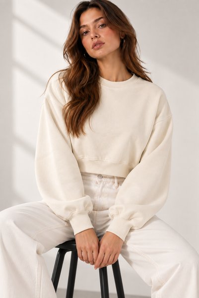 Kadın Crop Sweatshirt Bisiklet Yaka Uzun Kollu Basic Günlük Sweat