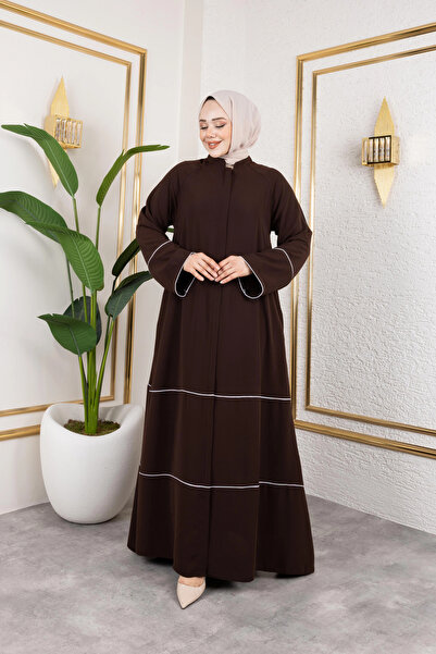 Butik Medine İpeği Biye'li Ahsen Feracce (Acı Kahve)