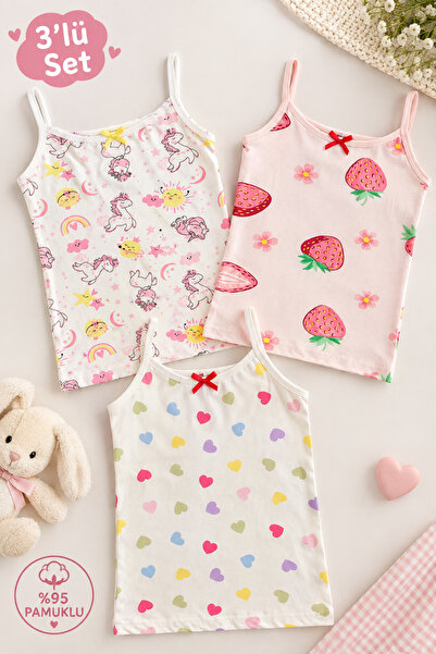 ROSAMİNA Girls' 95% Cotton Patterned 3-Piece Set Thin Strap Tank Top