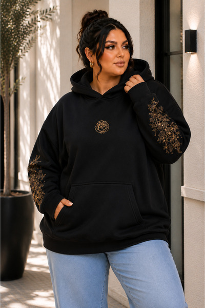 Rubonia Kadın Büyük Beden Oversize Kapüşonlu Sweatshirt – Gül Çiçek Baskılı G...