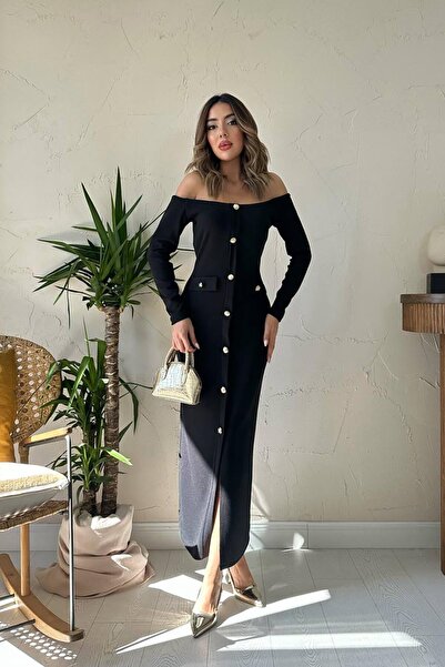 End Black Store فستان أسود محبوك بأزرار ذهبية