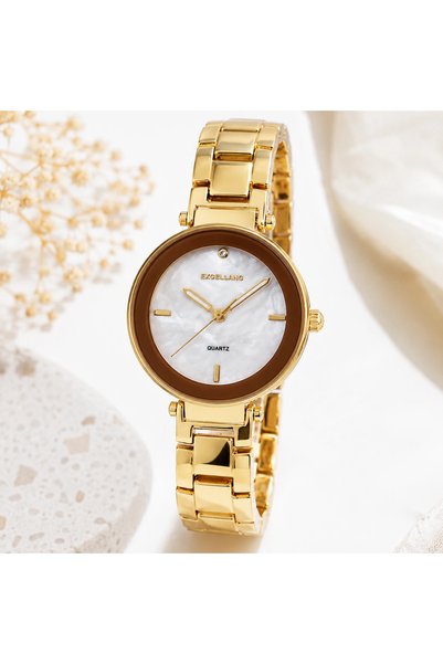 Excellanc Ceas de Dama Elegant Auriu Rotund cu Cadran Sidefat Alb si Accent C...