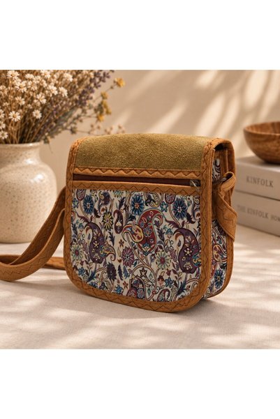 BIJUTERI Cnt-6024 Mustard Suede Covered Paisley Patterned Tapestry Shoulder Bag |   Eos Collective