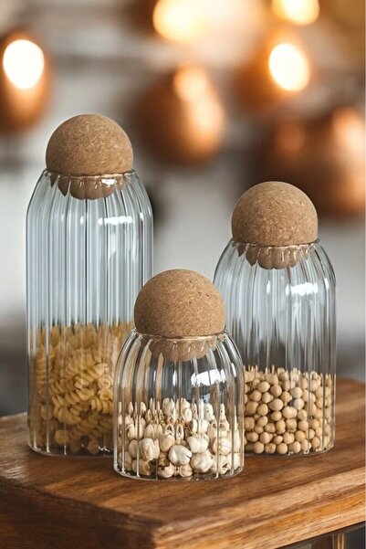 Hellomani Set of 3 Striped Glass Jars with Cork Top Lids, Tea Sugar Coffee Ja...