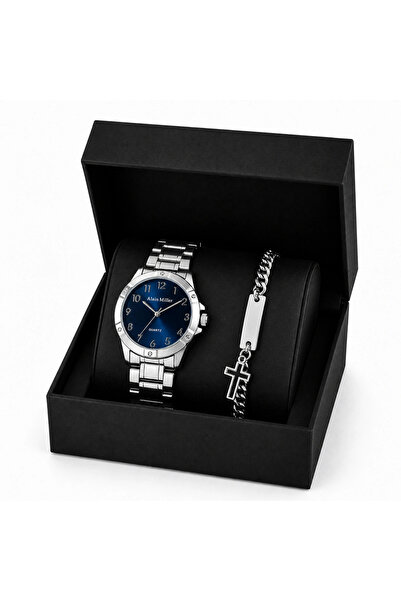 Alain Miller Set Cadou Barbati Ceas Argintiu si Bratara Inox in Cutie Cadou -...