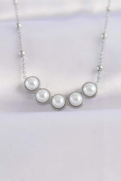 Livenda 316L Steel Chain Silver Color Row Pearl and Stone Necklace Tj-Bko8654