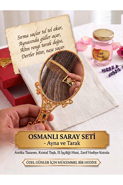 Osmanlı Saray Seti Altın Sarısı İşlemeli El Aynası ve Tarak Seti