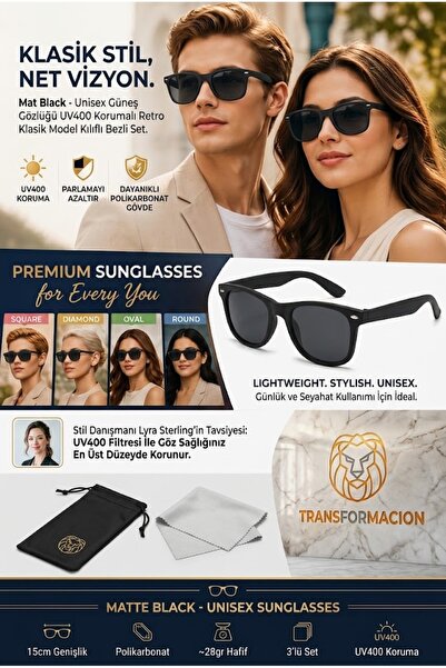 Transformacion Mat Siyah Unisex Güneş Gözlüğü UV400 Korumalı Retro Klasik Way...