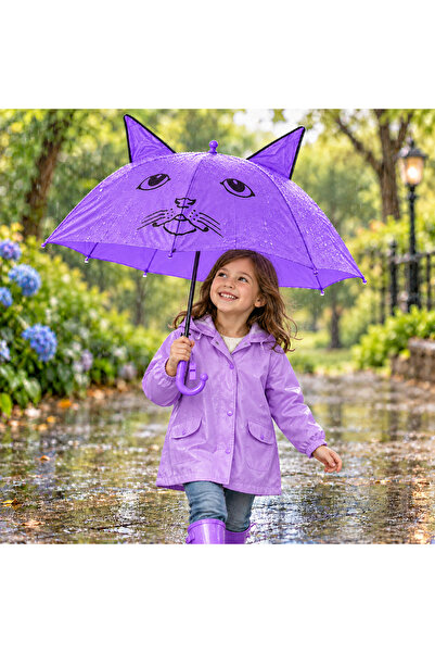 MUBX Kedi Kulaklı Çocuk Şemsiyesi 76 cm Çap Sevimli Figürlü Düdüklü Yağmur Şe...