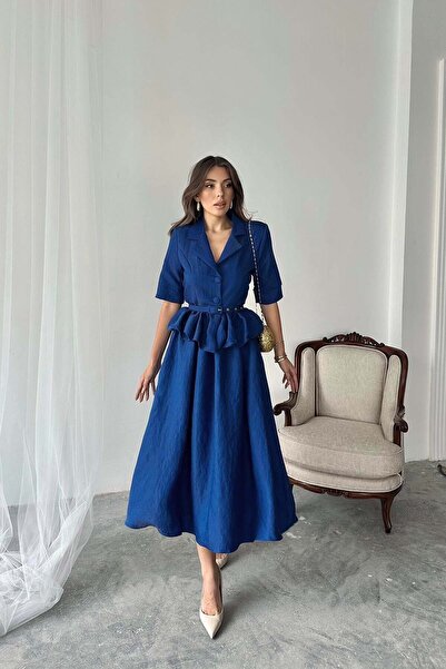 End Black Store Navy Blue Thin Belted Ruffled Jacket and Gathered Skirt Set