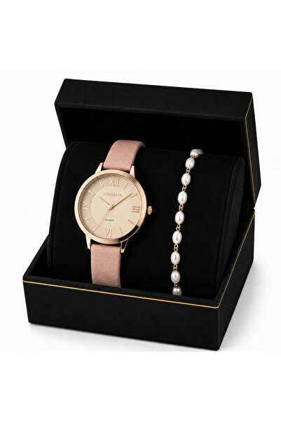 Excellanc Women's Gift Set Rose Gold Watch with Gilded Dial and Pearl Bracele...