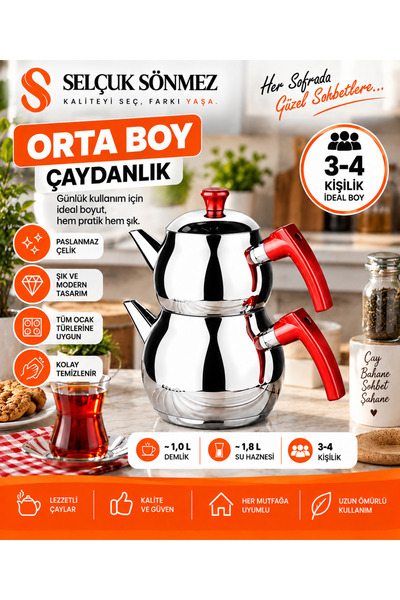 SELÇUK SÖNMEZ Küre Paslanmaz Orta Boy Çelik Kendinden Süzgeçli Çaydanlık Takımı
