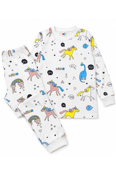 Kız Çocuk Pamuklu Beyaz Unıcorn Desenli Uzun Kollu Bisiklet Yaka Pijama Takımı