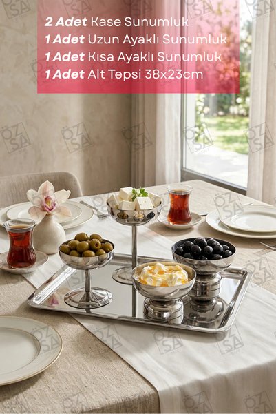 ÖzSa Home İnci 5 Parça 18/10 Paslanmaz Çelik Ayaklı Kase Lüx Dikdörtgen Tepsili Sunum Takımı Kahvaltılık Reçellik Çerezlik