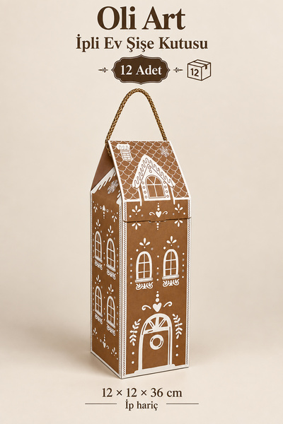 OLİ Art İpli Ev Şeklinde Kraft Şişe Hediye Kutusu 12 Adet – 12×12×36 cm / Hediye Poşeti / Şişe Poşeti