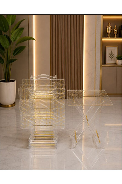 PLUS13 Transparent Acrylic Serving Table Set Gold Decorated Acrylic Serving T...