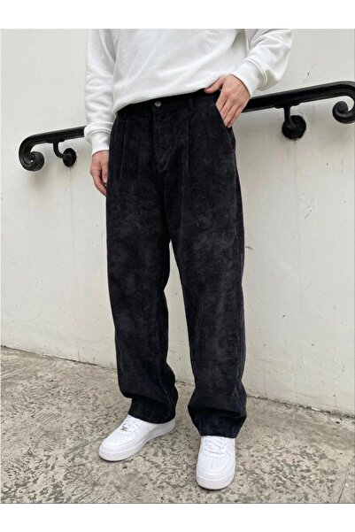Gambocci Men's Velvet Corduroy Loose Baggy Pleated Fabric Trousers