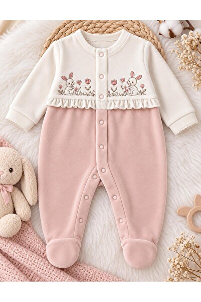 Elyesa Baby Kız Bebek Tavşan Nakışlı Fırfırlı Çıtçıtlı uzun kollu tulum Ekru-...