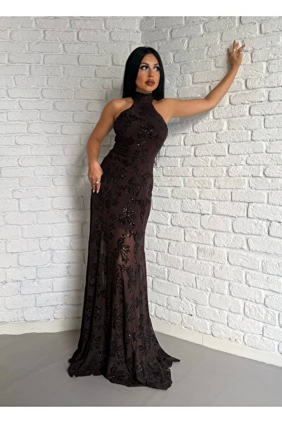 moneta boutique Kadın Halter Yaka Parıltılı Uzun Pileli Elbise