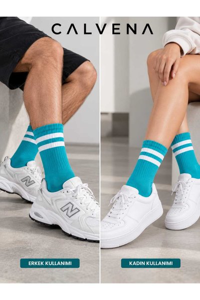Calvena Unisex 6 Pairs Cotton Woven Circle Patterned Striped Tennis College Socks