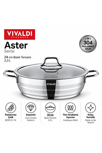 Vivaldi Aster 24 cm Paslanmaz Çelik Basık Tencere – 2,3 L