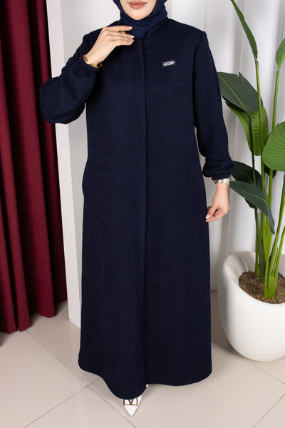 Işıltı Ferace Winter Chenille Fabric Arma Detailed Plain Râna Ferace (Navy Blue)