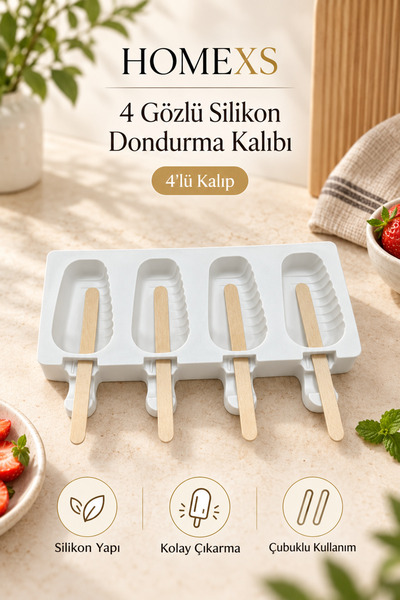 homexs Magnum Dondurma Kalıbı Ve 50 Adet Ahşap Çubuk -4'lü Büyük Boy Pratik M...