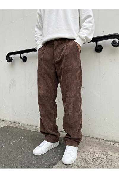 Gambocci Men's Velvet Corduroy Loose Baggy Pleated Fabric Trousers