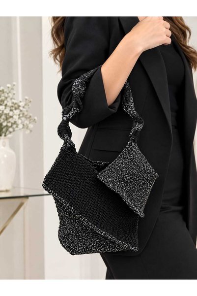 Mervişim Aksesuar Black and Glittery Two-Color Handmade Knitted Daily Straw Women's Shoulder and Hand Bag (Unlined)-Puzzle Bag