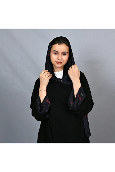 HAWRAA ABAYA عباية سوداء بأكمام مبطنة بطبعة الكرز الظريفة