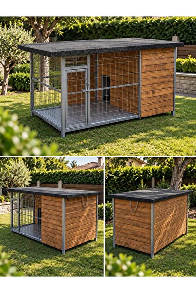 Okay Bahçe İçin Köpek Kulübesi Doğal Ahşap Metal Kafesli Güvenli Model MNK 4610
