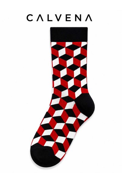 Calvena Men's Cotton 6 Pairs Black White Red Square Patterned Socks