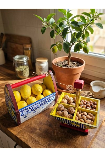 Nsn Ahşap Dünyası El yapımı ahşap organizer sepet ve sunum kasesi set,limonlu...