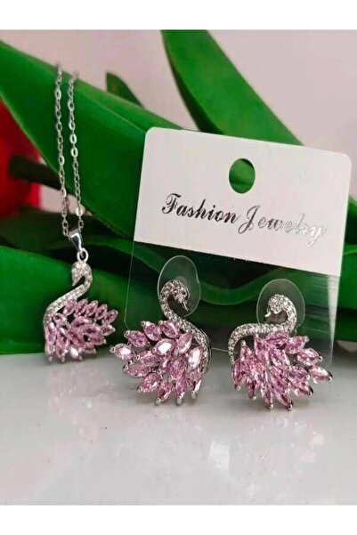 Stainless steelss Pembe Taşlı Kuğulu Set Kolye ve Küpe
