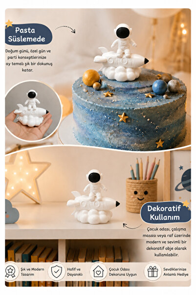 SELTA3D Astronot Roket Figür – Uzay Temalı Dekoratif Figür, 3D Baskı Pasta Sü...