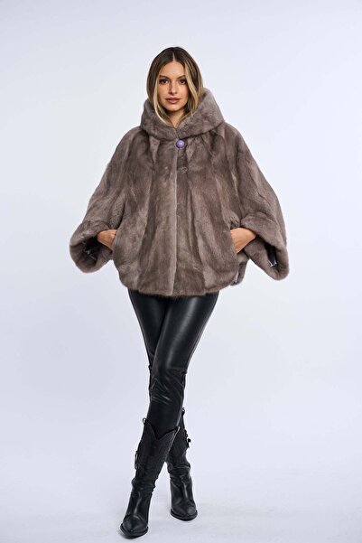 Luxus Haina din blana naturala de vizon stil poncho cu gluga, Silver